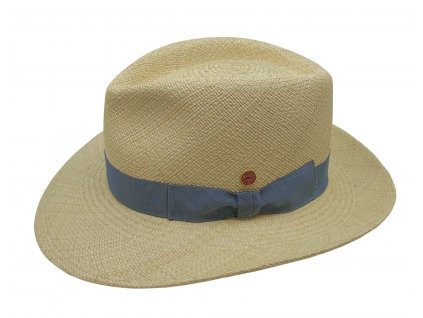 Luxusní panamský klobouk Fedora Bogart s světlemodrou stuhou - ručně pletený, UV faktor 80 -  Ekvádorská panama - Mayser Colmar