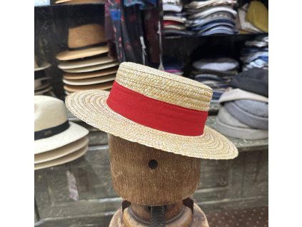 Letní slaměný boater klobouk - unisex žirarďák s červenou stuhou - Fiebig Canotier - UV faktor 50