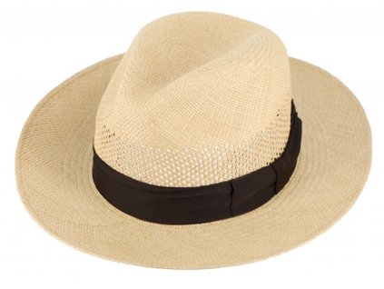 Letní béžový slaměný klobouk Fedora - ručně pletený - s hnědou stuhou - Panamský golfový klobouk