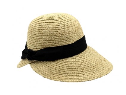 Dámský slaměný klobouk Cloche s černou stuhou - zkrácená krempa vzadu