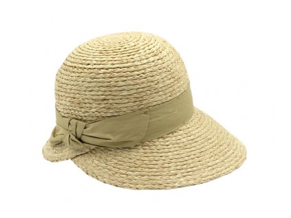 Dámský slaměný klobouk Cloche s béžovou stuhou - zkrácená krempa vzadu