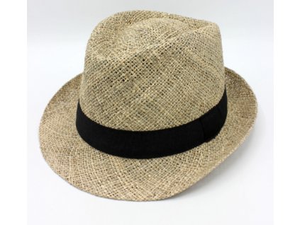 Slaměný klobouk z mořské trávy hustě pletený s černou stuhou - Trilby
