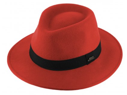 Cestovní nemačkavý klobouk vlněný od Fiebig - červený s černou stuhou