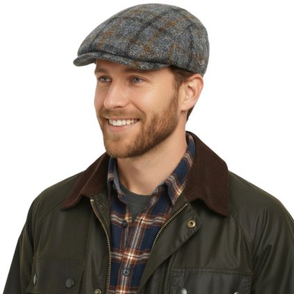 Pánská kostkovaná šedá vlněná bekovka - Fiebig - Harris Tweed