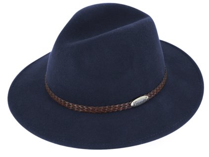 Modrý klobouk fedora plstěný - modrý s koženým pleteným páskem - Fiebig