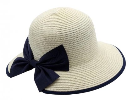 Dámský letní klobouk Cloche - zkrácená krempa vzadu a modrá mašle