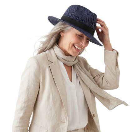 Slaměný modrý klobouk - Fedora Raffia