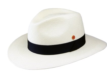 Luxusní bílý panamský klobouk Fedora s tmavěmodrou stuhou - ručně pletený, UV faktor 80 -  Ekvádorská panama - Mayser Gedeon