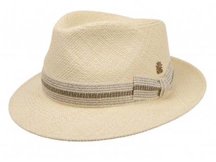 Luxusní panamský klobouk Fedora Bogart s béžovou stuhou - ručně pletený, UV faktor 80 - Pablito