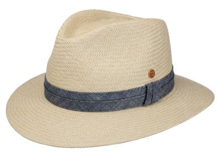 Exkluzívní panamský klobouk Fedora s modrou stuhou - ručně pletený, UV faktor 80 -  Ekvádorská panama - Mayser Gero