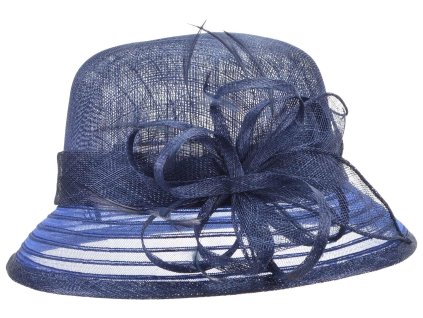 Cloche modrý slavnostní klobouk s ozdobou - ze sisálové slámy