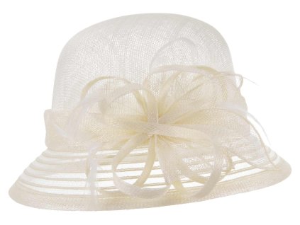 Cloche béžový slavnostní klobouk s ozdobou - ze sisálové slámy