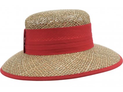 Dámský béžový letní slaměný (mořská tráva) klobouk s vínovou stuhou - Seeberger since 1890