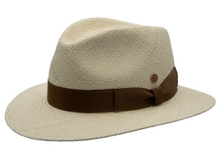 Luxusní panamský klobouk Fedora s  hnědou stuhou - ručně pletený, UV faktor 80 -  Ekvádorská panama - Mayser Mathis