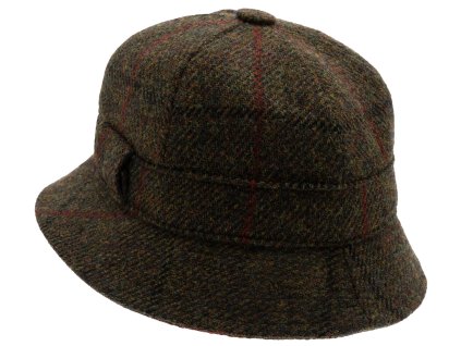 Zimní vlněný anglický myslivecký klobouk - Harris Tweed Overcheck Green - Hunter Hat