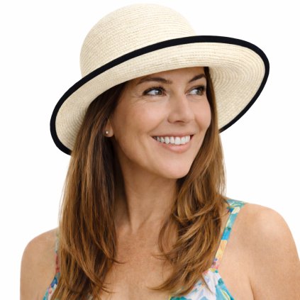 Dámský bílý letní klobouk Cloche - zkrácená krempa vzadu a černá mašle