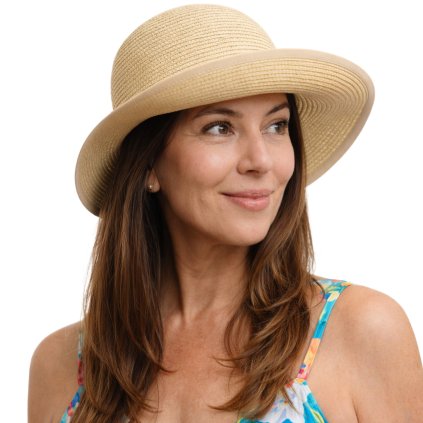 Dámský béžový letní klobouk Cloche - zkrácená krempa vzadu a béžová mašle