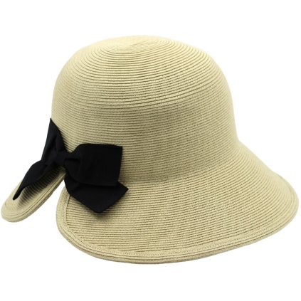 Dámský béžový letní klobouk Cloche s černou mašli