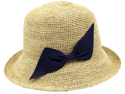Dámský slaměný klobouk Cloche s modrou mašlí