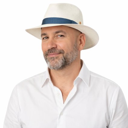 Luxusní panamský klobouk Fedora bělený s modrou stuhou - Mayser Menton - UV faktor 80