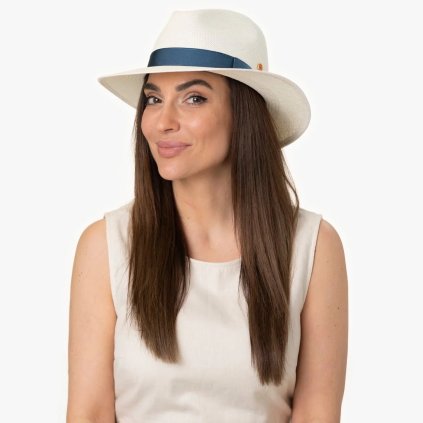 Luxusní panamský klobouk Fedora bělený s modrou stuhou - Mayser Menton - UV faktor 80