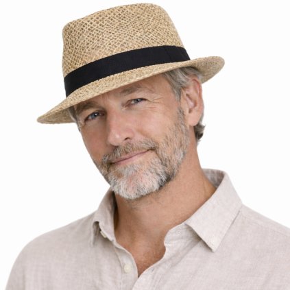 Letní pánský klobouk Fedora z mořské trávy s černou stuhou