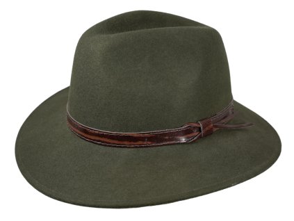 Cestovní zelený nepromokavý, nemačkavý klobouk vlněný s hnědou stuhou od Fiebig - Indiana Jones