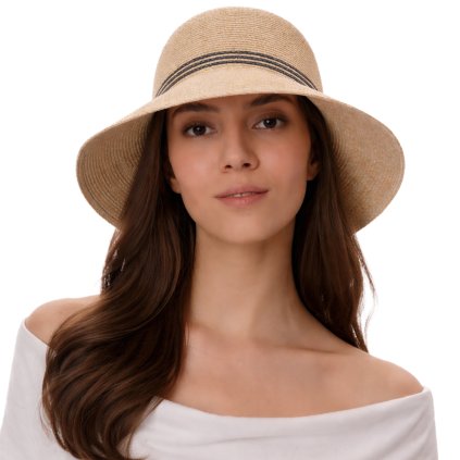 Dámský béžový letní klobouk Cloche s černou mašli