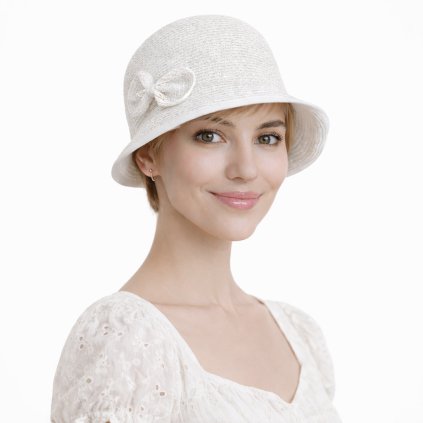 Letní dámský nemačkavý bílý klobouk s mašličkou - cloche - Seeberger