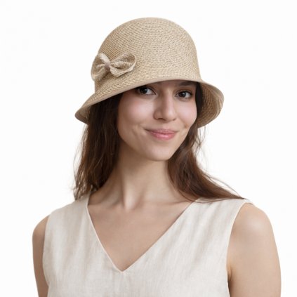 Letní dámský nemačkavý béžový klobouk s mašličkou - cloche - Seeberger