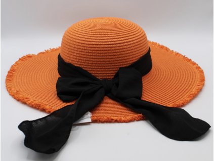 Klasický dámský oranžový slaměný klobouk s černou mašlí - Brim Hat
