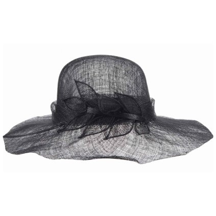 Cloche černý slavnostní klobouk s ozdobou - ze sisálové slámy