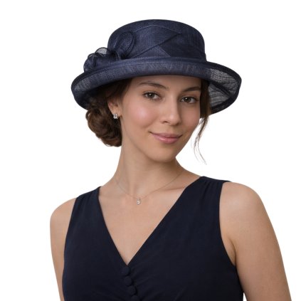 Cloche modrý slavnostní klobouček s ozdobou - ze sisálové slámy