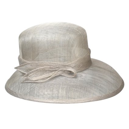 Cloche šedý slavnostní klobouk s ozdobou - ze sisálové slámy