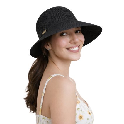 Letní dámský nemačkavý černý klobouk - cloche se zkrácenou krempou vzadu - UV faktor 80