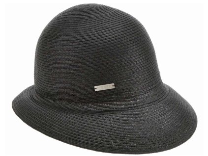 Letní dámský nemačkavý černý klobouk - cloche se zkrácenou krempou vzadu - UV faktor 80
