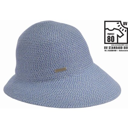 Letní dámský nemačkavý světle modrý klobouk - cloche se zkrácenou krempou vzadu - UV faktor 80