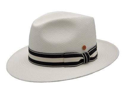 Luxusní  bělený klobouk Fedora s barevnou stuhou - ručně pletený, UV faktor 80 -  Ekvádorská panama - Mayser Albenga