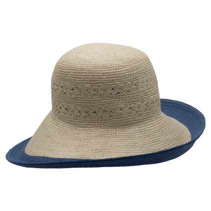 Panamský klobouk - Cloche s širší asymetrickou krempou a modrým okrajem - Sally - UV faktor 80