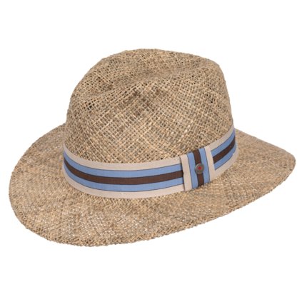 Letní slaměný klobouk Fedora s modro-hnědou stuhou