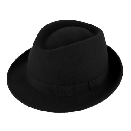 Klasický trilby klobouk vlněný s malou krempou - černý s černou stuhou
