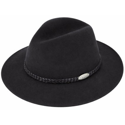 Šedý klobouk fedora plstěný - šedý s černým koženým pleteným páskem - Fiebig