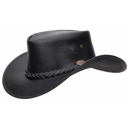 Australský kožený klobouk Ironbark – černý s pleteným páskem a šňůrkou