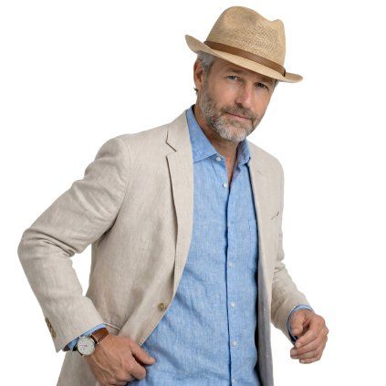 Trilby Raffia - slaměný béžový Crochet klobouk s semišovou stuhou