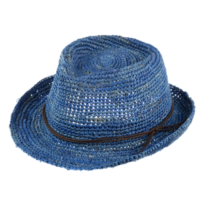 Trilby Raffia Crochet - slaměný světle modrý klobouk s koženou stuhou