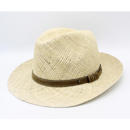Slaměný klobouk s hnědým koženým páskem - Fedora