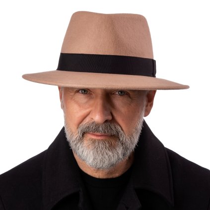 Cestovní nemačkavý klobouk vlněný od Fiebig - béžový s černou  stuhou