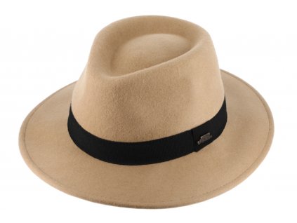 Cestovní nemačkavý klobouk vlněný od Fiebig - béžový s černou  stuhou