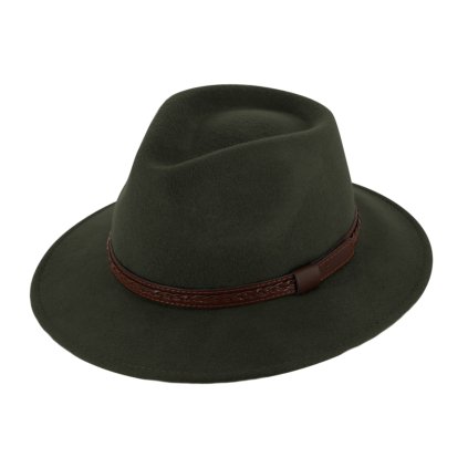 Cestovní klobouk vlněný od Fiebig - zelený s koženou stuhou - širák