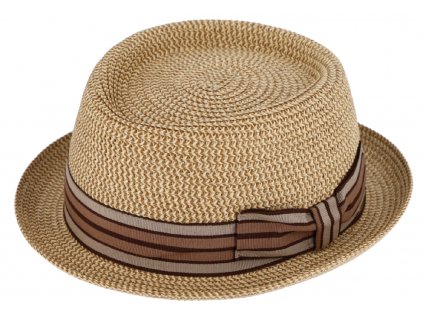 Béžový porkpie klobouk od Fiebig - dvoubarevná stuha